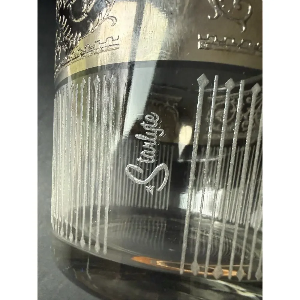 Vintage Starlyte (6) Glasses (1) Ice Bucket Set Clear Silver Rim Band Retro MCM